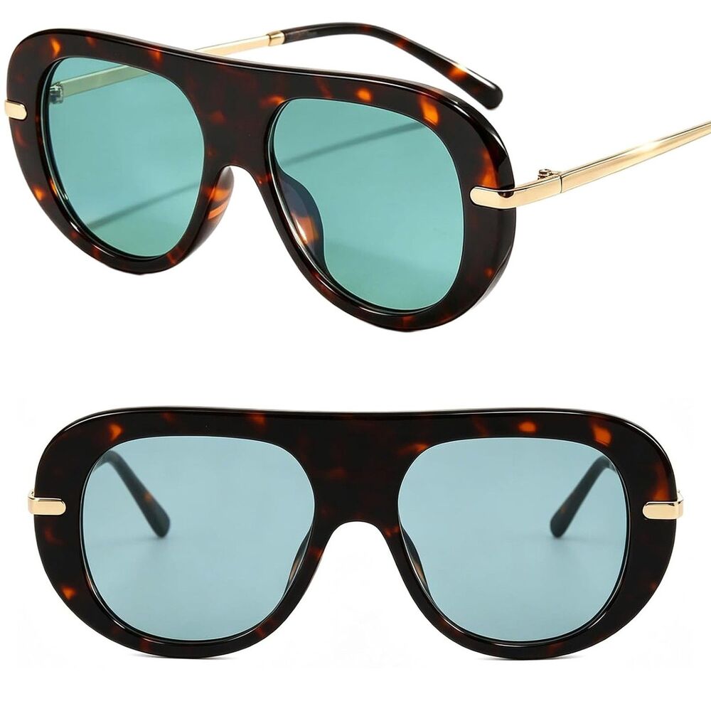 Oversized Unisex Tortoise Blue Shield Pilot Retro 70s Modern Fashion Sunglasses